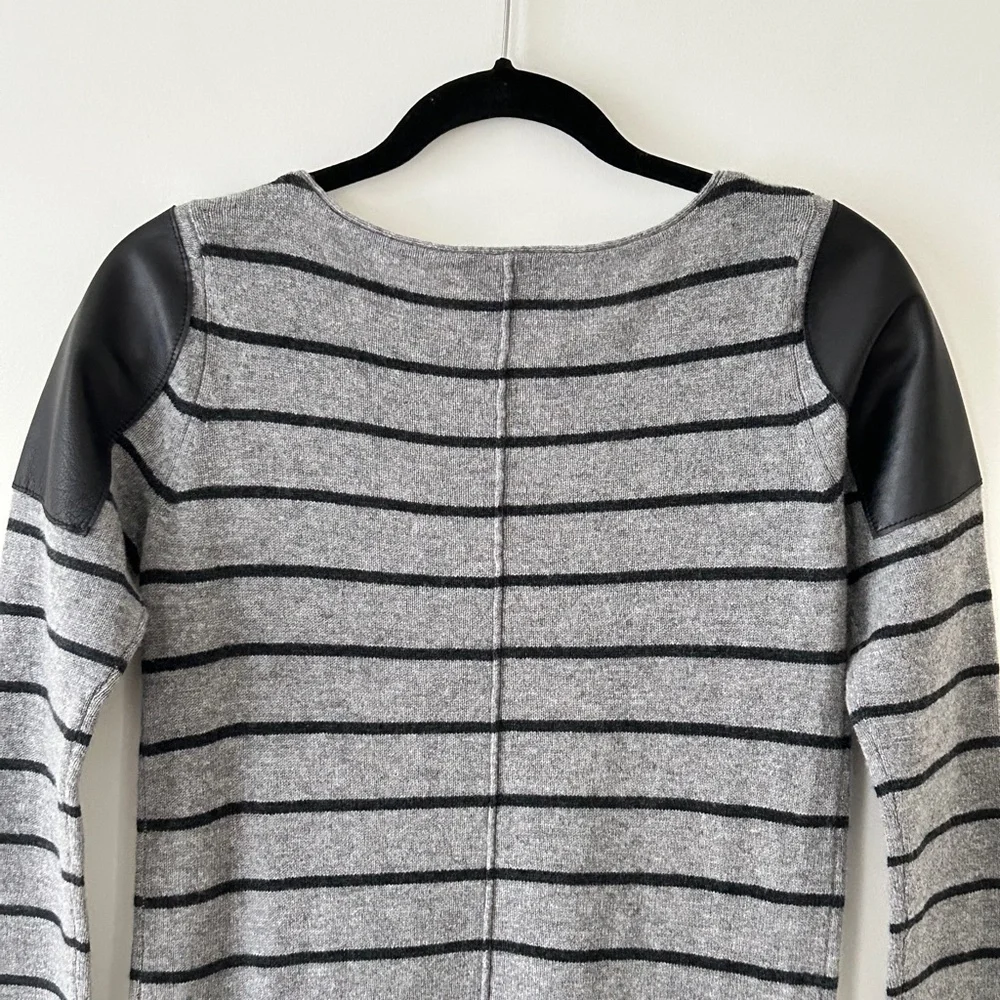 Woolly Minded Wool Cashmere Gray Striped Leather Shoulder Patch Crewneck Sweater